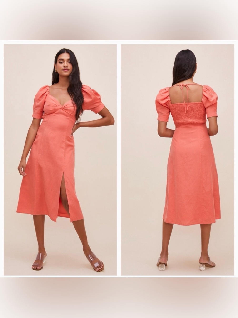 ASTR Fern Coral Puff-Sleeve Midi Dress